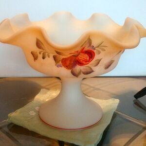Fenton ivory glass compote handpainted by A.Ambrom. authenticated by G Fenton